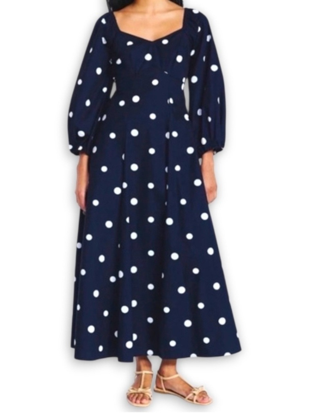 Navy Polka Dot Maxi Dress with Puff Sleeves